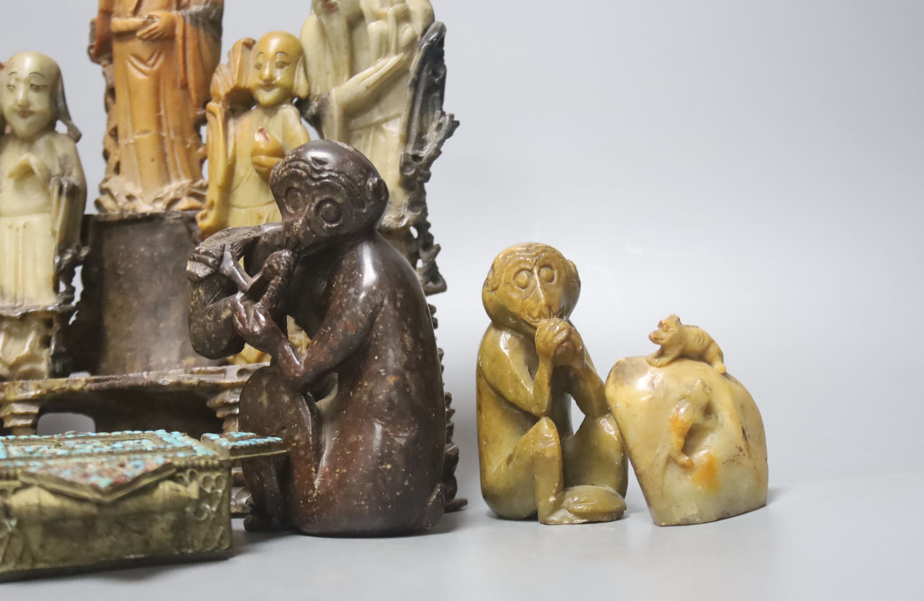 A group of Chinese soapstone carvings, an Indian Alabaster model of the Taj Mahal etc, tallest 23.5 cm